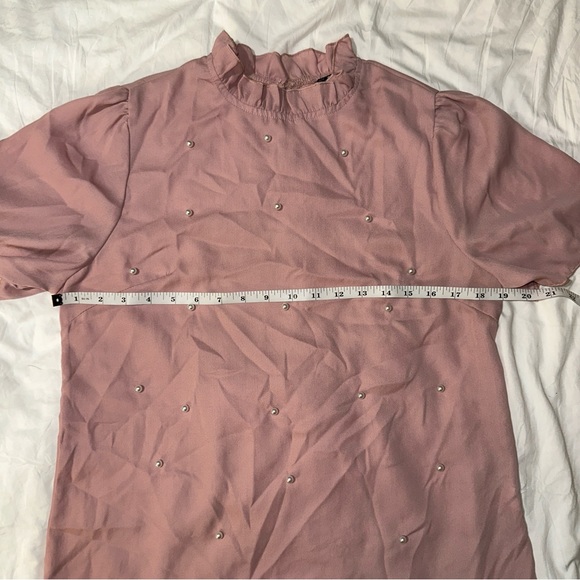 SHEIN | High Ruffle Collar Keyhole Back Short Sleeve Pearl Embellished Blouse - Picture 11 of 13